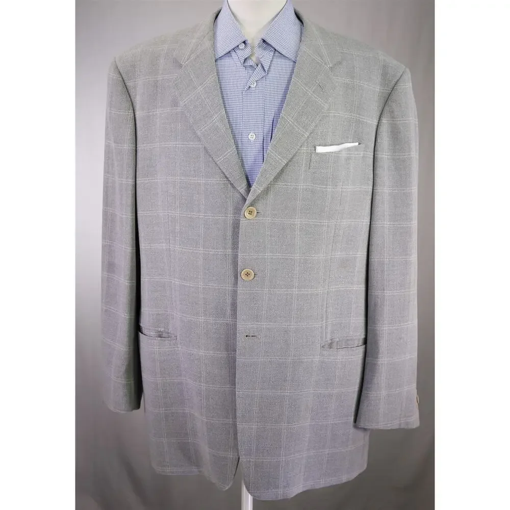 Armani Collezioni Gray Knit Windowpane Wool Silk 3-Btn Sportcoat Blazer 44R